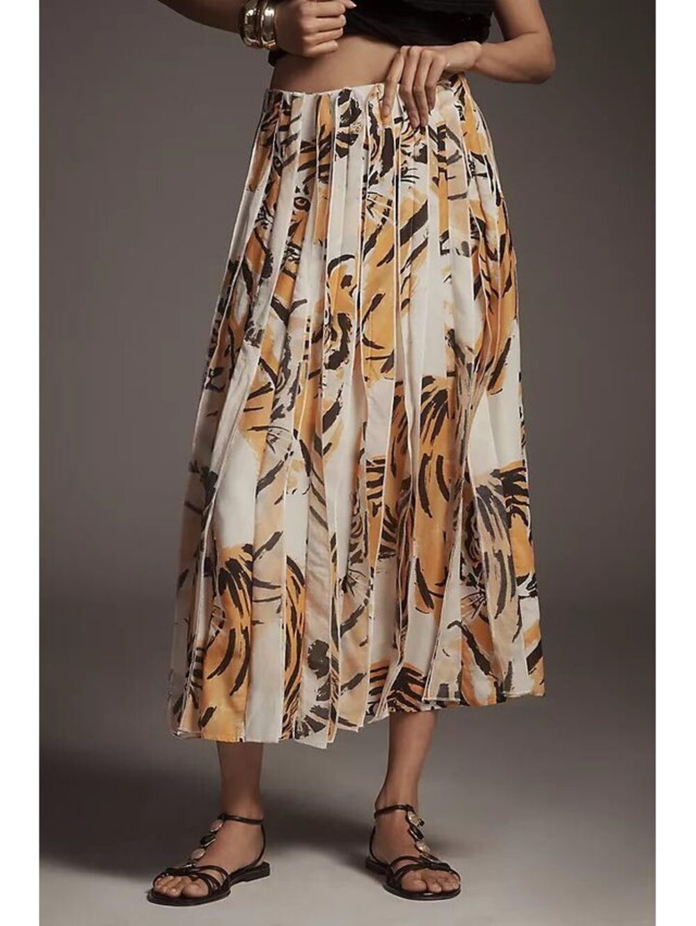 Rare Anthropologie Maeve Tiger Print Pleated Midi Skirt in Orange Motif, Size XS
